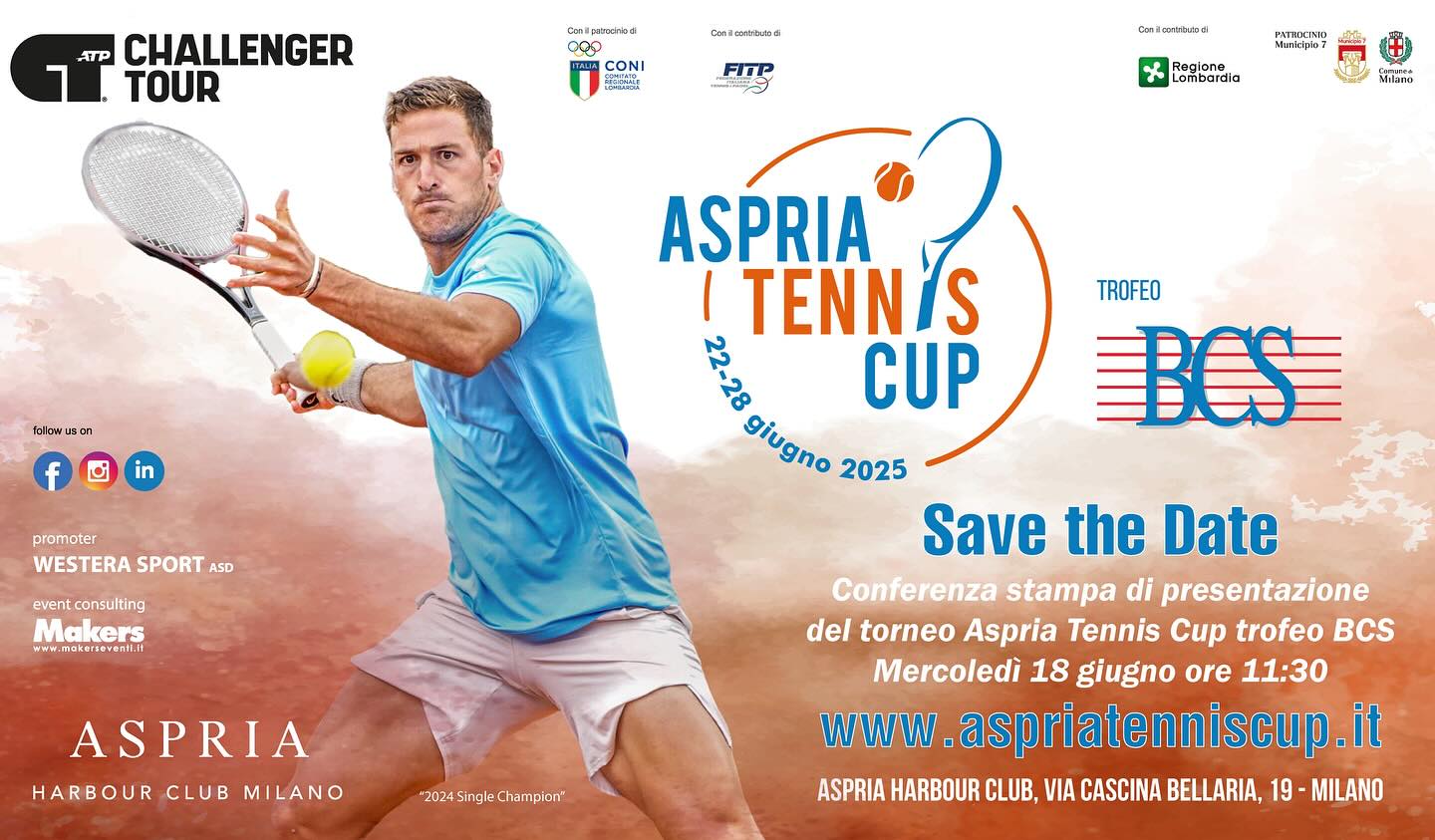 🎾 Ci siamo quasi. Ma prima si apre ufficialmente il sipario.

📅 Mercoledì 18 giugno alle ore 11:30 si terrà la conferenza stampa dell’Aspria Tennis Cup – Trofeo BCS, l’occasione per presentare l’edizione 2025 e raccontare tutte le novità in arrivo.

📍@aspria_harbourclub 
 🏷️ Media, partner, istituzioni e appassionati: vi aspettiamo per iniziare a vivere insieme una nuova grande settimana di tennis.