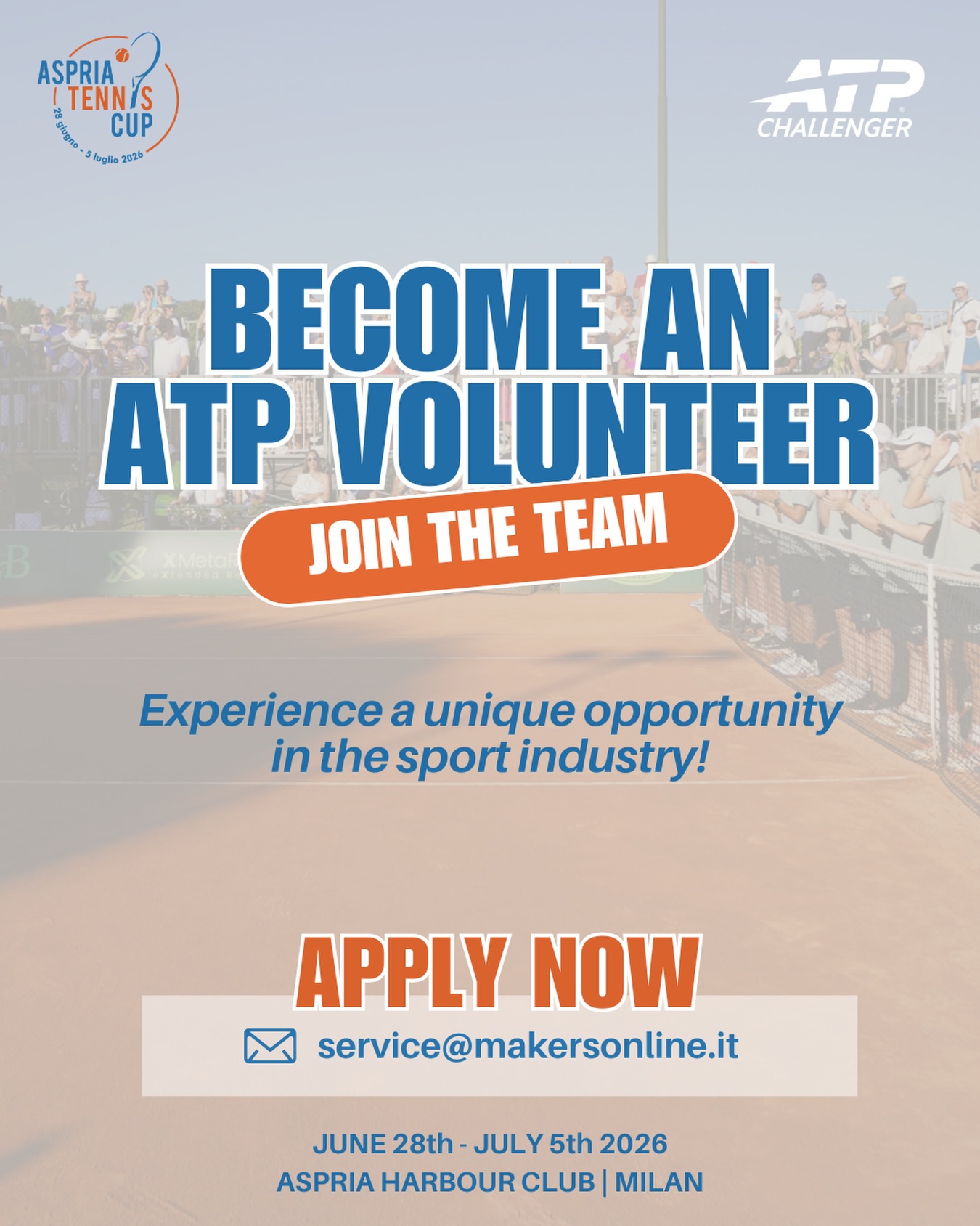If you’re 18 to 25 years old, join the volunteer team of the Aspria Tennis Cup and go behind the scenes of an international ATP tournament. This year marks the 20th edition, proudly organized by Makers Eventi and Aspria Harbour Club Milano. We’re looking for enthusiastic, reliable and team-oriented people who love sport and are ready to support different areas of the event. 

✨ Meet new people 
✨ Gain hands-on experience 
✨ Live the tournament like never before 
 Apply now!  📩 service@makersonline.it

-

Se hai tra i 18 e i 25 anni, unisciti al team volontari dell’Aspria Tennis Cup e vivi un torneo ATP internazionale da dietro le quinte.
Quest’anno celebriamo la 20ª edizione, organizzata con orgoglio da Makers Eventi e Aspria Harbour Club Milano.
Cerchiamo persone entusiaste, affidabili e con spirito di squadra, appassionate di sport e pronte a supportare le diverse aree dell’evento.
✨ Conosci nuove persone ✨ Fai esperienza sul campo ✨ Vivi il torneo come non hai mai fatto prima
 📩 service@makersonline.it

#aspriatenniscup #tennistournament #tennis